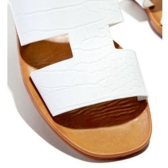 White Croc Embossed Slip On Sandals - Picture 3 of 4